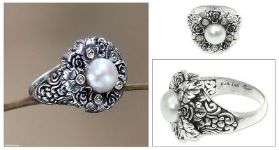 Gold accent cultured pearl flower ring, Rose Nosegay