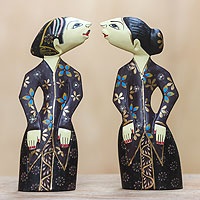 Mahogany wood statuettes Mimi Lan Mintuno pair Indonesia