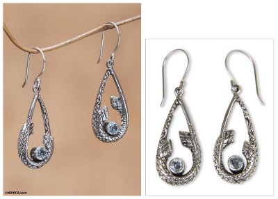 Blue topaz dangle earrings, Twin Serpents