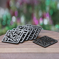 Wood coasters Square Night Garden set of 6 Indonesia