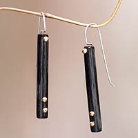 Brass accent drop earrings, 'Benoa Sunlight' - Hand Crafted Brass Accent Earrings with Water Buffalo Horn