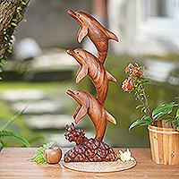Wood sculpture, 'Dolphin Dance' - Three Dolphins Sculpture Hand Carved Wood