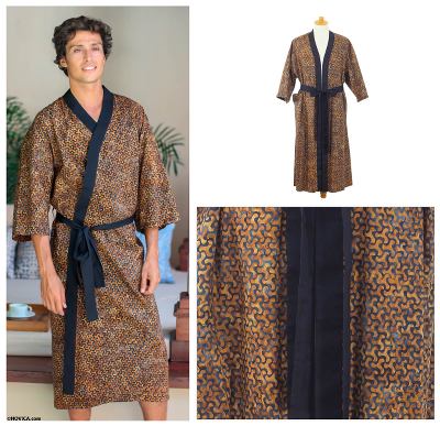 Mens cotton batik robe, Copper Puzzle