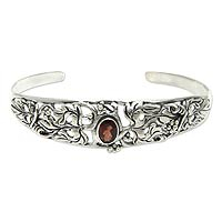 Garnet cuff bracelet, 'Crimson Vine' - Balinese Handcrafted Garnet and Silver Cuff Bracelet