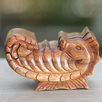 Wood puzzle box, 'Balinese Seahorse' - Hand Carved Balinese Wood Puzzle Box