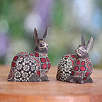 Wood batik sculptures Rabbit Romance pair Indonesia