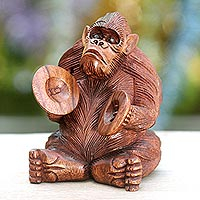 Wood statuette, 'Orangutan Plays the Ceng-ceng' - Hand-carved Sculpture from Bali