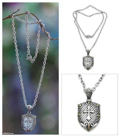 Mens sterling silver cross necklace, Holy Shield