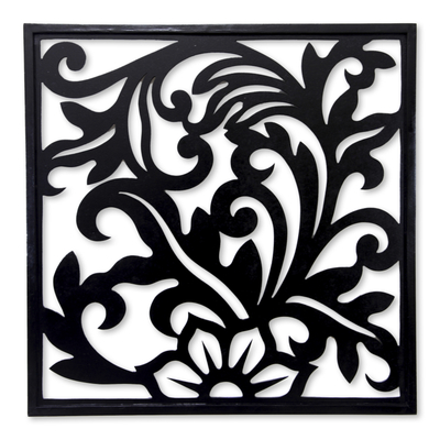 Balinese Floral Theme Wood Carving Wall Panel - Silhouette 