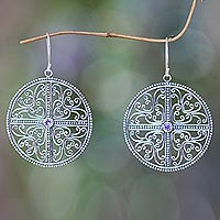 Amethyst dangle earrings, 'Circular Symmetry' - Handcrafted Silver Lace Earrings with Amethysts