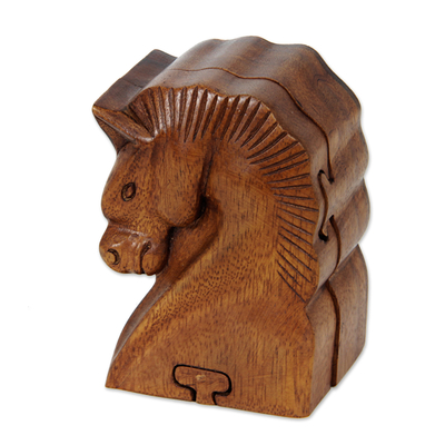 Wood puzzle box, 'Sumba Horse' - Hand Carved Balinese Wood Puzzle Box