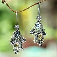 Blue topaz and citrine dangle earrings, 'Plumeria Dew' - Balinese Citrine and Blue Topaz Earrings