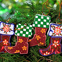 Wood ornaments, 'Christmas Stockings' (set of 4) - Colorful Wood Ornaments Handcrafted in Bali (set of 4)