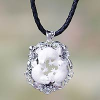 Sterling silver pendant necklace, 'Floral Frog Trio' - Artisan Crafted Sterling Silver Frog Necklace