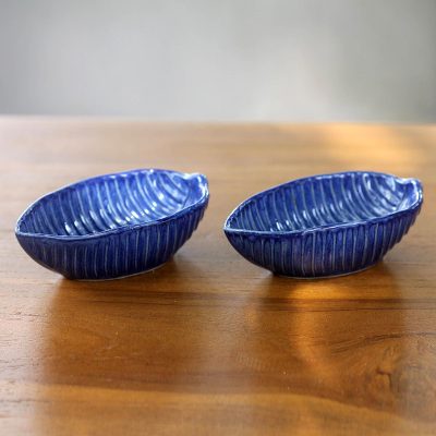 Ceramic bowls, Blue Banana Leaf (pair)