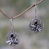 Garnet dangle earrings, 'Wild Dragonfly' - Fair Trade Garnet and Silver Earrings