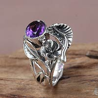 Amethyst flower ring, 'Frangipani Bouquet' - Fair Trade Floral Amethyst and Silver Ring
