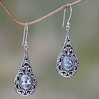 Blue topaz dangle earrings, 'Balinese Dew' - Artisan Crafted Earrings with Sterling Silver and Blue Topaz