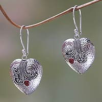 Garnet and sterling silver heart earrings, 'Love's Story' - Sterling Silver Heart Earrings with Garnet