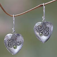 Peridot and sterling silver heart earrings, 'Love's Story' - Sterling Silver Heart Earrings with Peridot