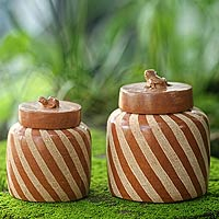 Ceramic jars, 'Lucky Frogs in Brown' (pair) - Handcrafted Ecthed Ceramic Lidded Jars (Pair)