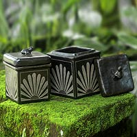 Ceramic jars, 'Sunflower Frogs' (pair) - Black Ceramic Jars Crafted by Hand (Pair)