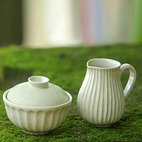 Ceramic sugar bowl and creamer set Cream Waves Indonesia