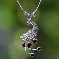 Garnet pendant necklace, 'Peahen in Love' - Silver Bird Necklace with Garnets