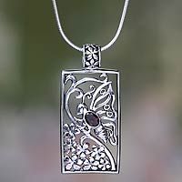 Garnet pendant necklace, 'Butterfly in Jasmine' - Silver and Garnet Butterfly Necklace