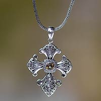 Citrine cross necklace, 'Beauty' - Handmade Balinese Citrine Cross Necklace