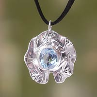 Blue topaz pendant necklace, 'Frog Prince' - Artisan Crafted Blue Topaz Frog Necklace