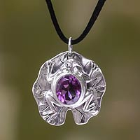 Amethyst pendant necklace, 'Frog Prince' - Artisan Crafted Amethyst Frog Necklace