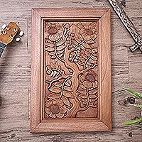 Wood wall panel, 'Nagasari Tree' - Hand-carved Low Relief Wood Wall Panel