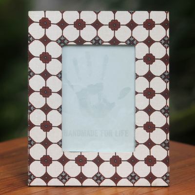 Cotton batik photo frame, 'Kawung Soklat' - Brown White Handcrafted Cotton Batik Photo Frame
