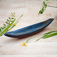 Wood catchall, 'Vintage Blue Canoe' - Blue Hand Carved Balinese Boat Theme Catchall