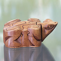 Wood puzzle box, 'Balinese Frog' - Frog Theme Puzzle Box