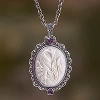 Bone and amethyst pendant necklace,