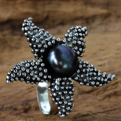 Purple Iridescent Pearl and Sterling Silver Ring