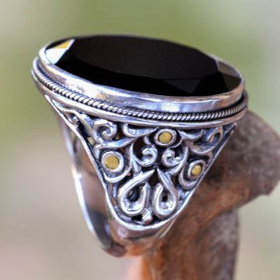 Mens gold accent onyx ring, Black Star