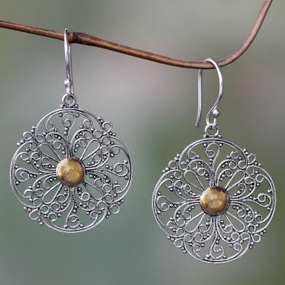 Gold accent dangle earrings, Filigree Sun