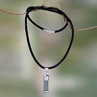 Sterling silver and leather locket necklace, 'Secret Path' - Silver Locket Necklace with Black Leather Cord