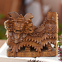 Wood sculpture, 'Barong Dances' - Artisan Crafted Wood Statuette