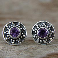 Amethyst stud earrings, 'Winter Halo' - Amethyst and Sterling Silver Stud Earrings from Bali