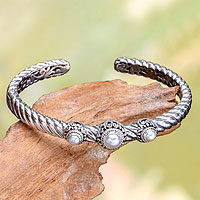 Cultured pearl cuff bracelet, 'Triple Crown in White' - Cultured Pearl Cuff Bracelet from Bali