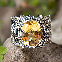 Citrine cocktail ring, 'Golden Flower' - Citrine and Sterling Silver Cocktail Ring from Bali