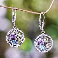 Multi-gemstone dangle earrings, 'Splendid Bamboo' - Multi-gemstone Sterling Silver Dangle Earrings from Bali