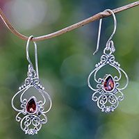 Garnet dangle earrings, 'Crimson Arabesque' - Ornate Garnet and Sterling Silver Dangle Earrings