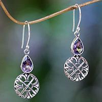 Amethyst dangle earrings, 'Purple Bali Cakra' - Sterling Silver and Amethyst Dangle Earrings from Bali