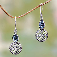 Blue topaz dangle earrings, 'Blue Bali Cakra' - Handmade Sterling Silver and Blue Topaz Dangle Earrings