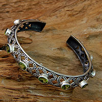 Peridot cuff bracelet, 'Java Kawung' - Artisan Crafted Sterling Silver and Peridot Cuff Bracelet